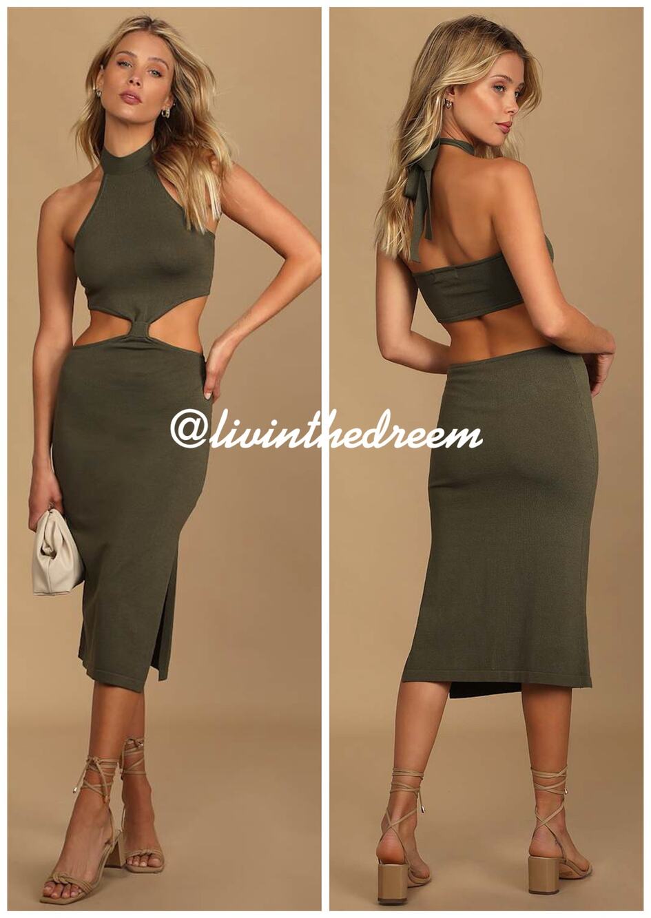 Lulus Loving It Olive Green Knit Cutout Halter Bodycon Midi Dress